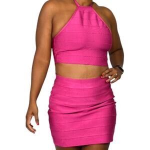Forever 21 Herve Leger Bandage Skirt Set Pink Matching CoOrd Crop Halter Medium